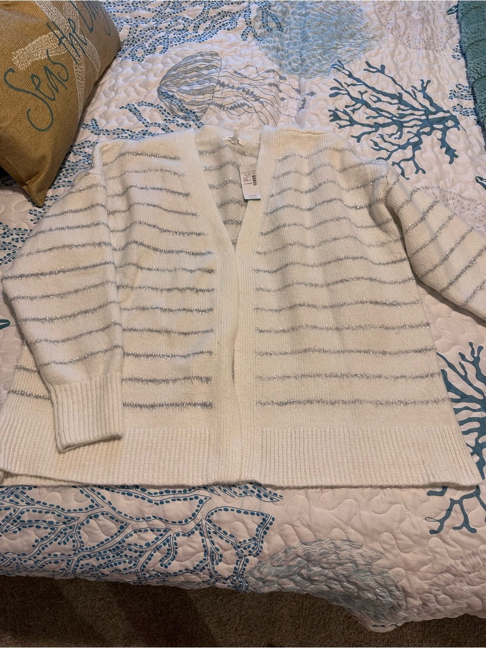 Maurices Cream Open-Front Cardigan with Silver Stripes